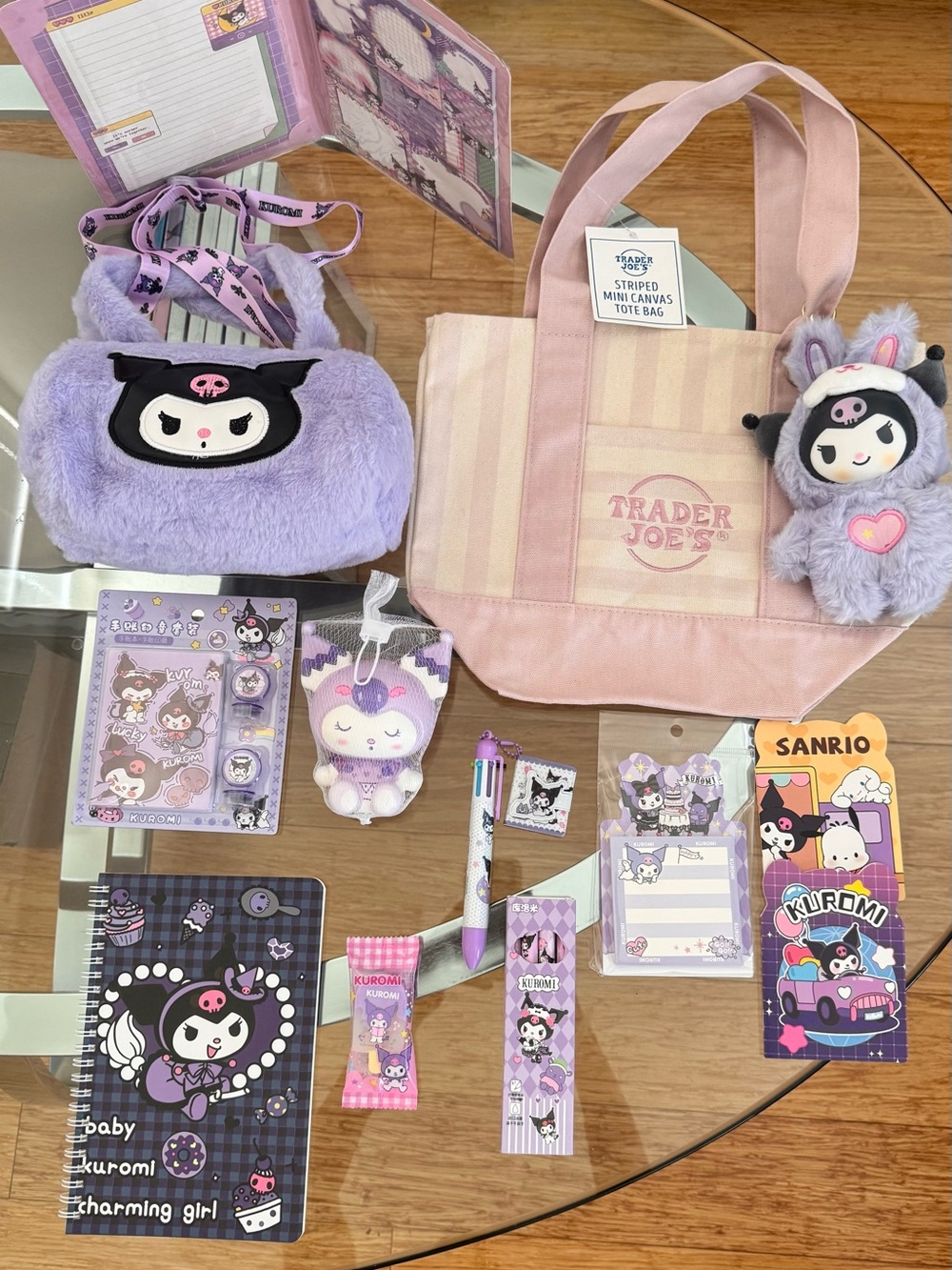 Trader Joe's Pink Striped Canvas Tote with 12 Kuromi bundle